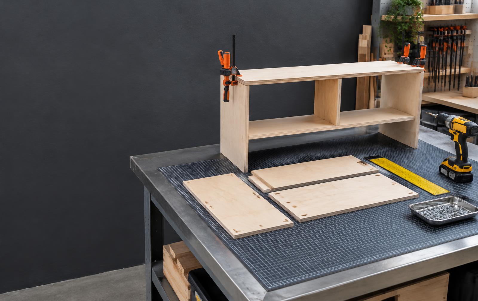 Wooden bench in assembly, cut pieces, ruler and tools on a workshop bench